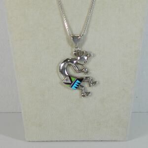 Vintage Large Inlay Stone Kokopelli Pendant w/ heavy Sterling Chain signed BW